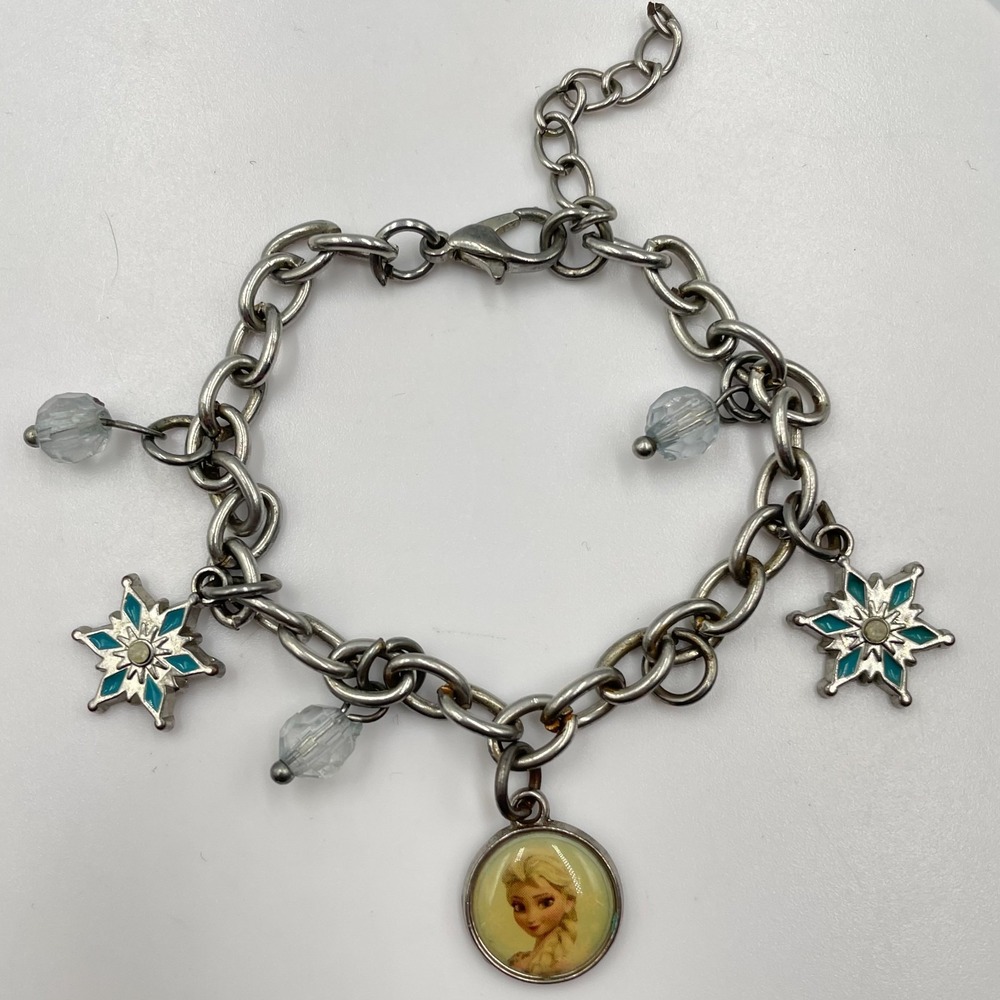 VTG Y2K Disney Frozen Elsa Charm Bracelet Silver Tone Teal Snowflake Clear Beads